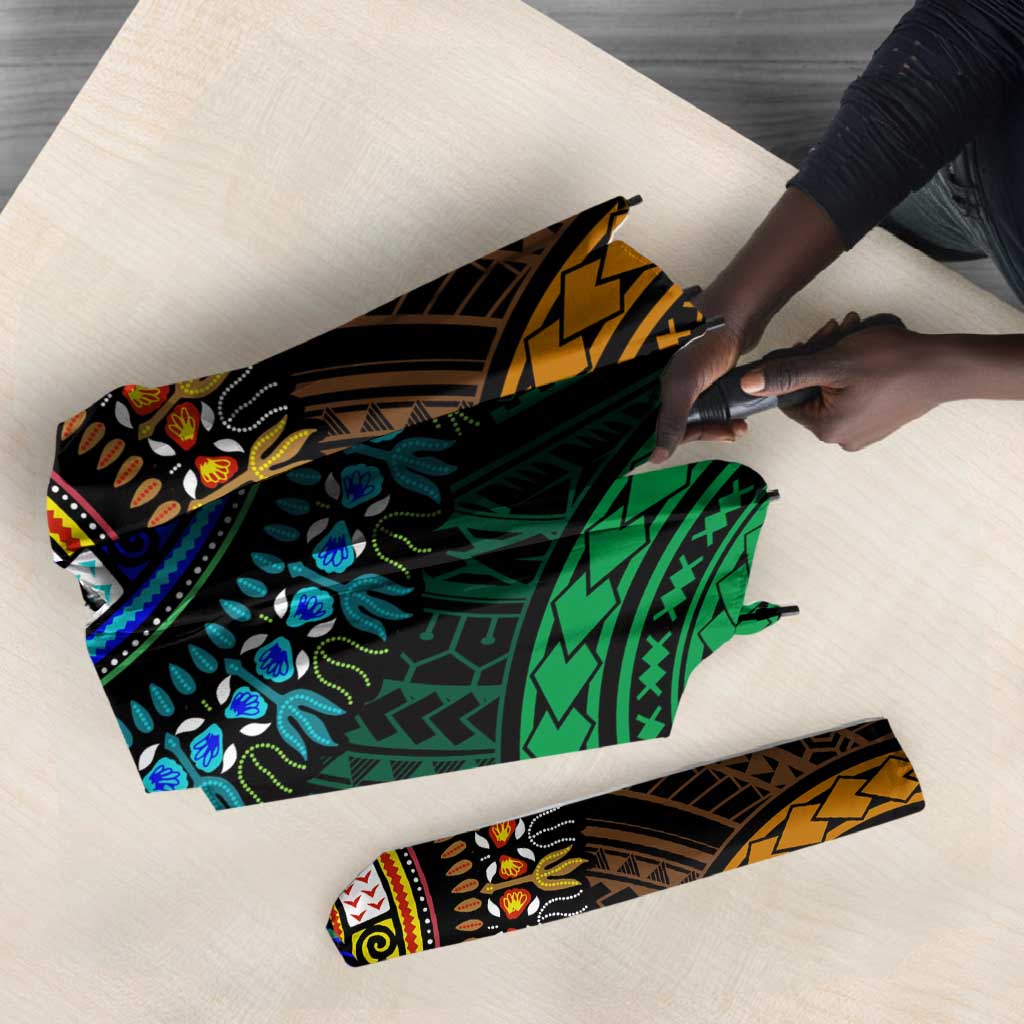 African Dashiki and Polynesian Pattern Umbrella Half Green-Gold