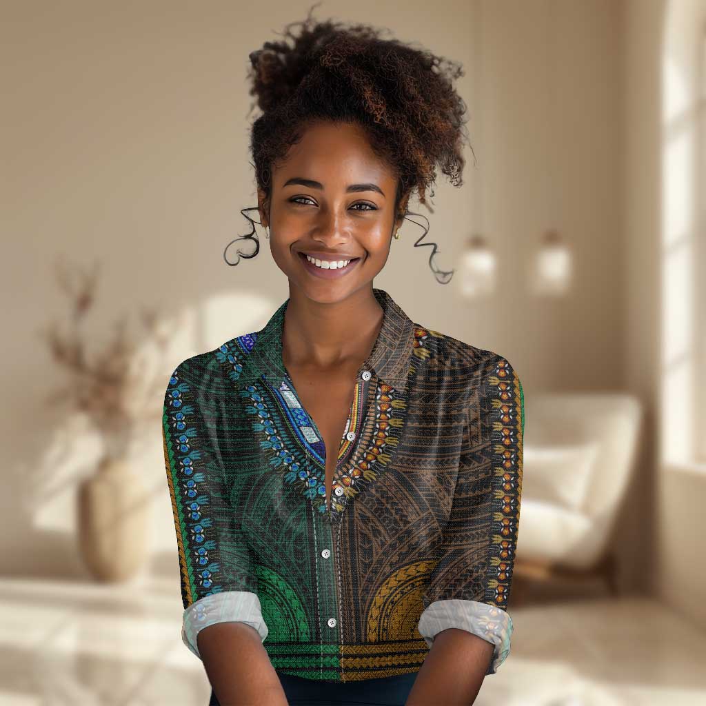 African Dashiki and Polynesian Pattern Women Casual Shirt Half Green-Gold