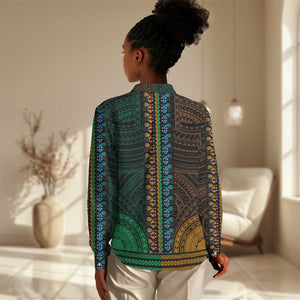 African Dashiki and Polynesian Pattern Women Casual Shirt Half Green-Gold