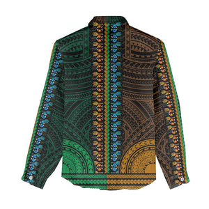 African Dashiki and Polynesian Pattern Women Casual Shirt Half Green-Gold