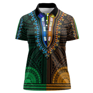 African Dashiki and Polynesian Pattern Women Polo Shirt Half Green-Gold