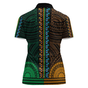 African Dashiki and Polynesian Pattern Women Polo Shirt Half Green-Gold