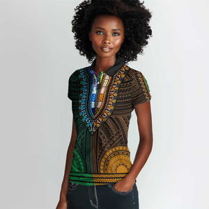 African Dashiki and Polynesian Pattern Women Polo Shirt Half Green-Gold