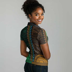 African Dashiki and Polynesian Pattern Women Polo Shirt Half Green-Gold