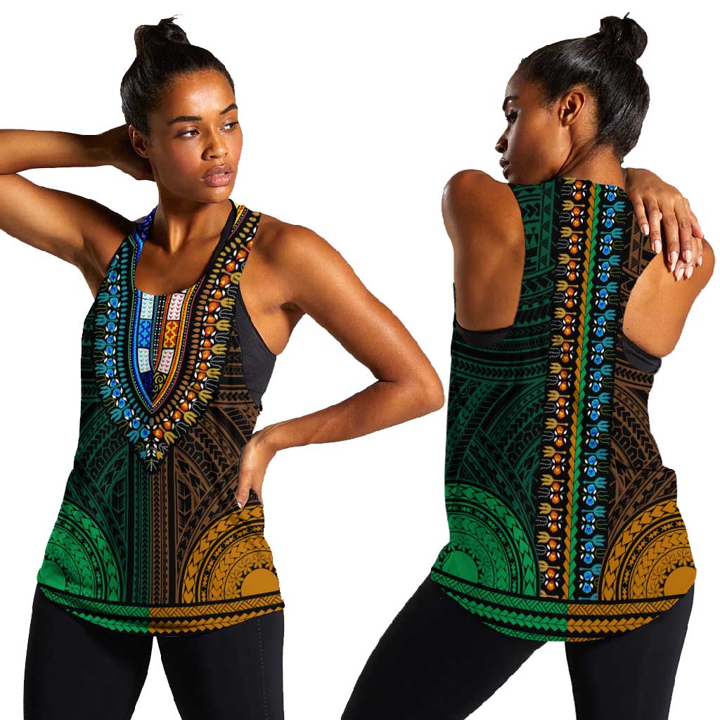 African Dashiki and Polynesian Pattern Women Racerback Tank Half Green-Gold