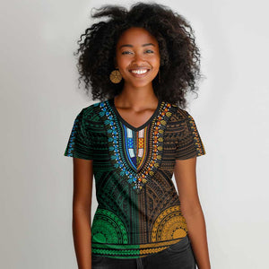African Dashiki and Polynesian Pattern Women V-Neck T-Shirt Half Green-Gold