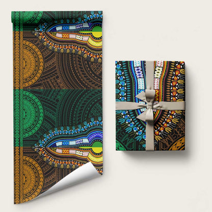African Dashiki and Polynesian Pattern Wrapping Paper Half Green-Gold - African Pride
