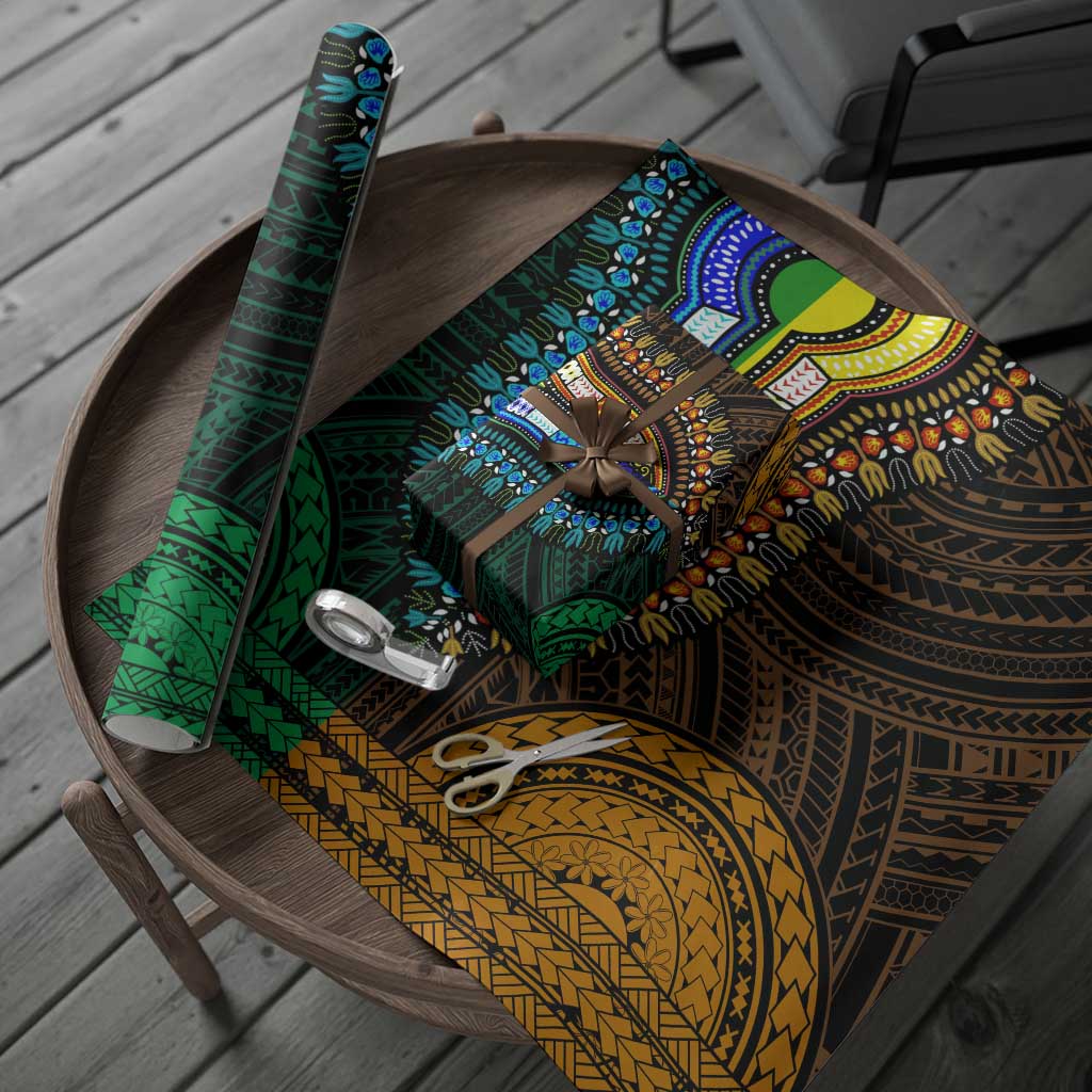 African Dashiki and Polynesian Pattern Wrapping Paper Half Green-Gold - African Pride