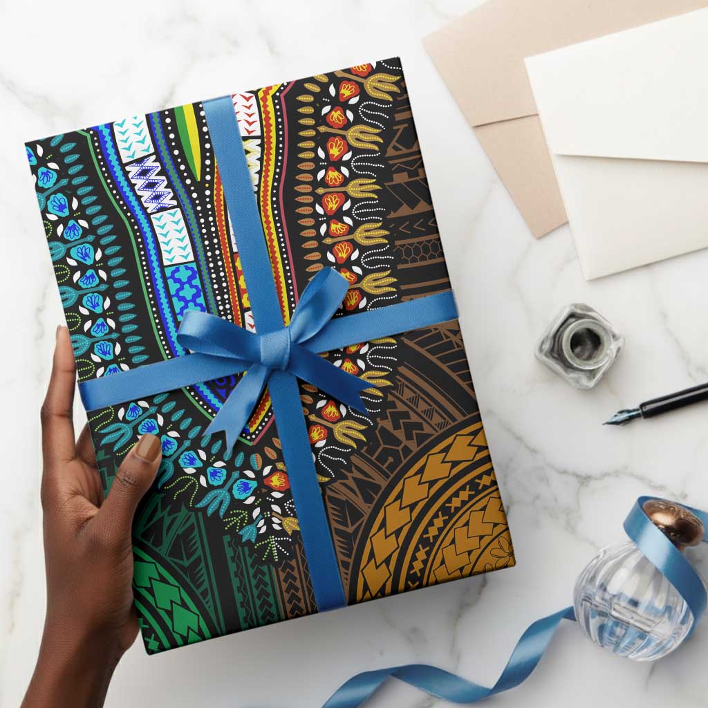 African Dashiki and Polynesian Pattern Wrapping Paper Half Green-Gold - African Pride