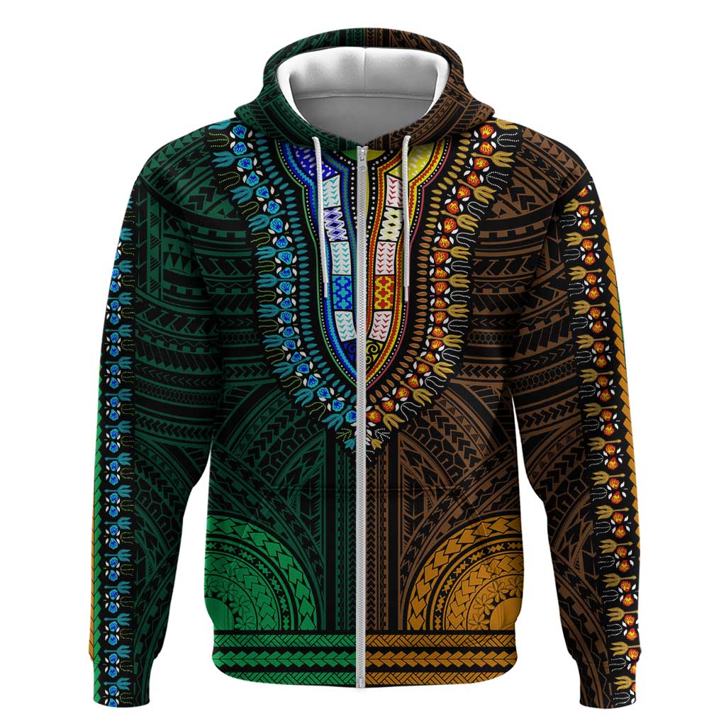 African Dashiki and Polynesian Pattern Zip Hoodie Half Green-Gold