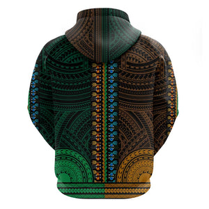 African Dashiki and Polynesian Pattern Zip Hoodie Half Green-Gold