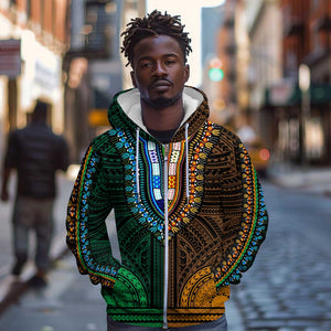 African Dashiki and Polynesian Pattern Zip Hoodie Half Green-Gold