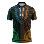 African Dashiki and Polynesian Pattern Zipper Polo Shirt Half Green-Gold