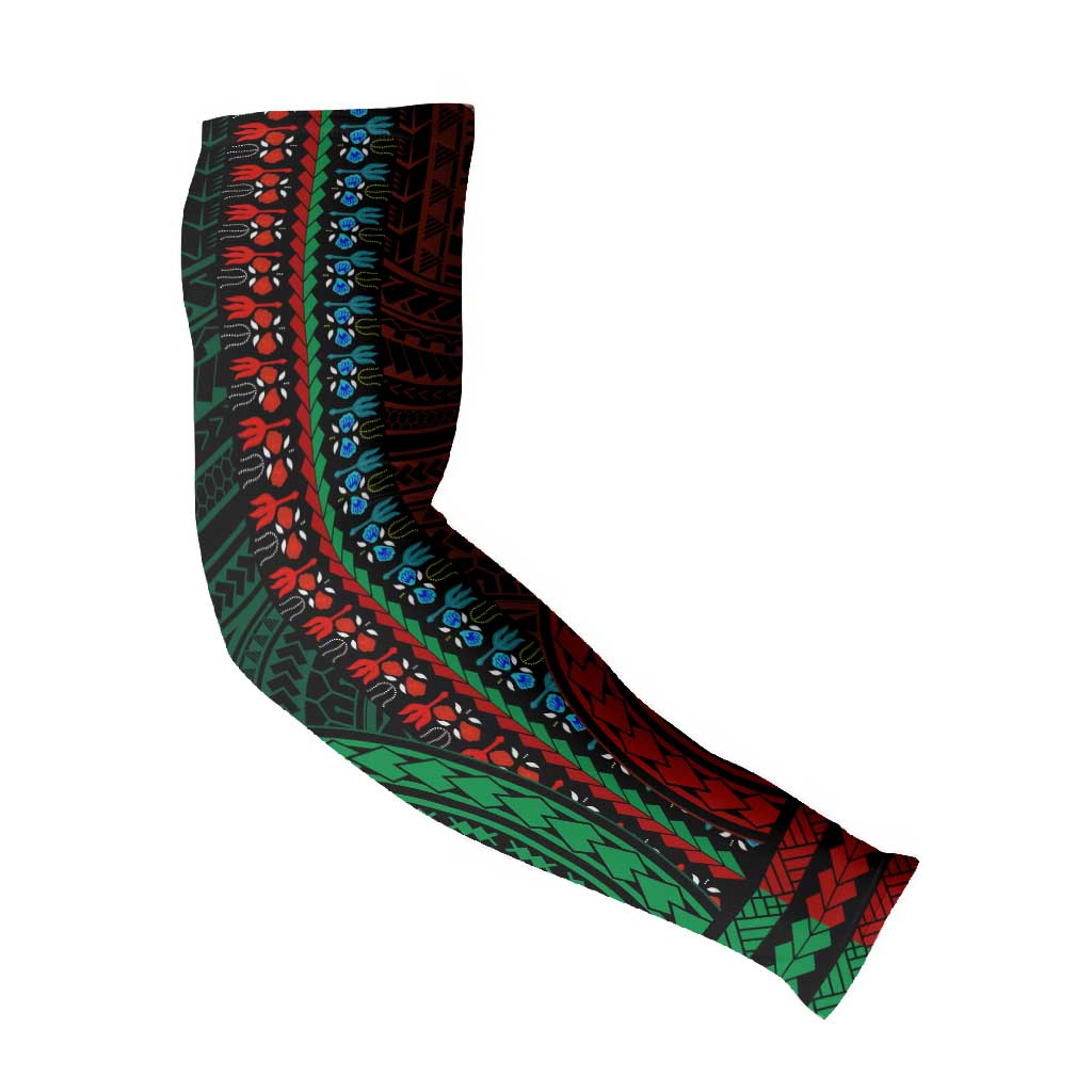 African Dashiki and Polynesian Pattern Arm Sleeves Half Green-Red