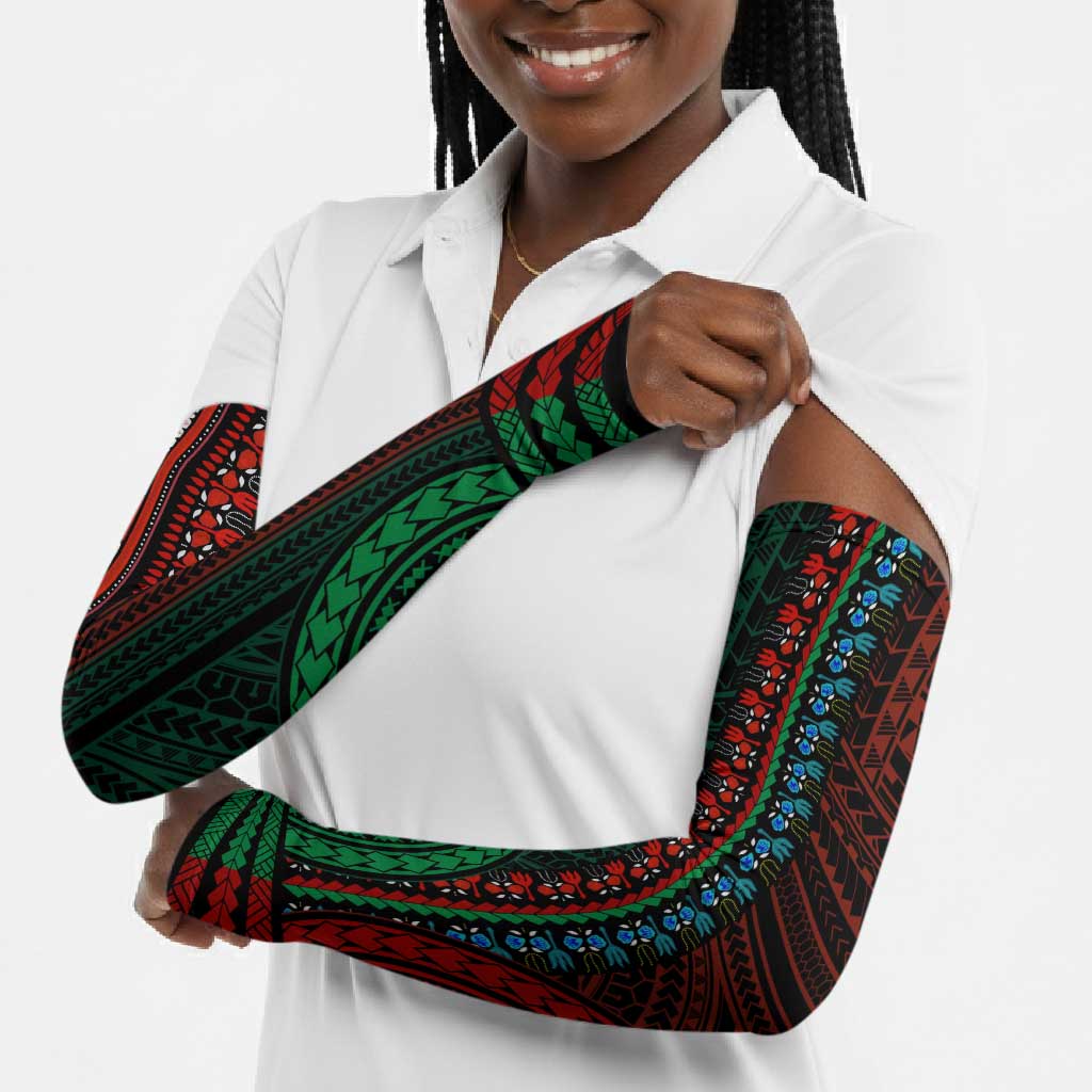 African Dashiki and Polynesian Pattern Arm Sleeves Half Green-Red