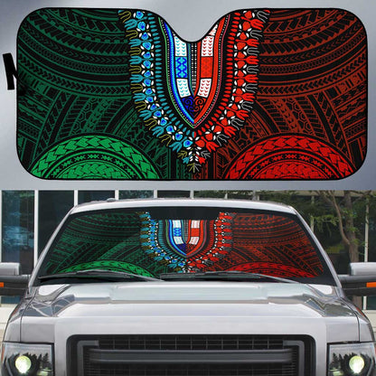 African Dashiki and Polynesian Pattern Auto Sun Shade Half Green-Red