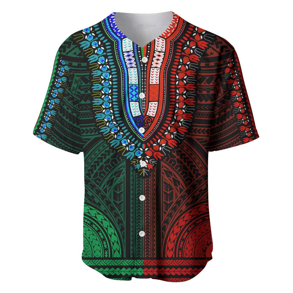 African Dashiki and Polynesian Pattern Baseball Jersey Half Green-Red