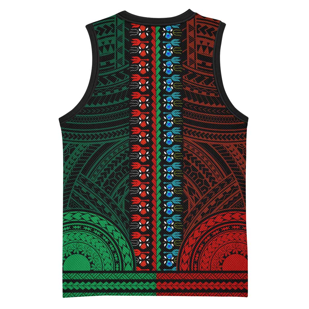 African Dashiki and Polynesian Pattern Basketball Jersey Half Green-Red LT9