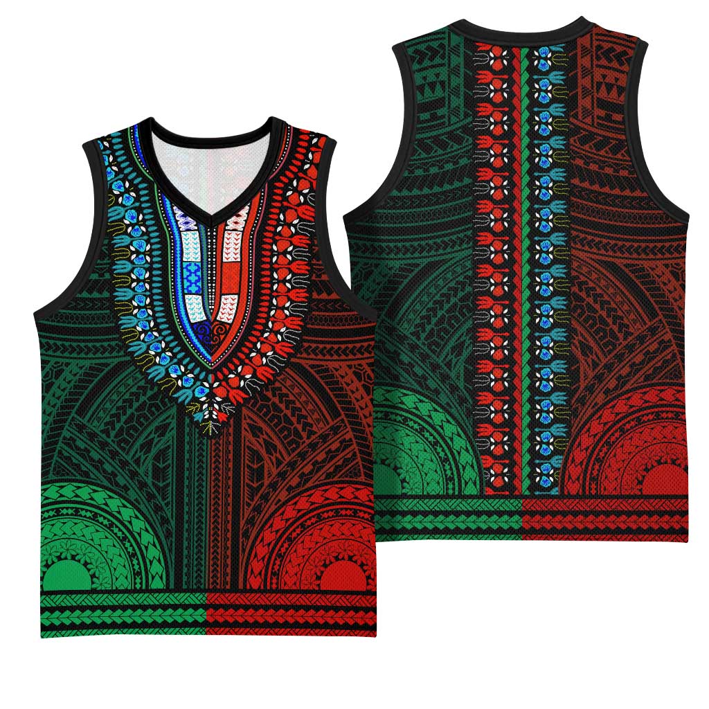 African Dashiki and Polynesian Pattern Basketball Jersey Half Green-Red LT9