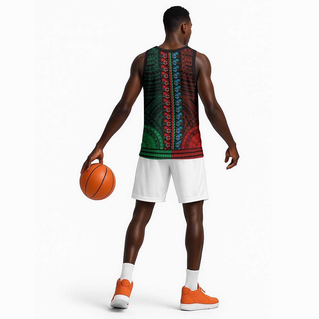 African Dashiki and Polynesian Pattern Basketball Jersey Half Green-Red LT9