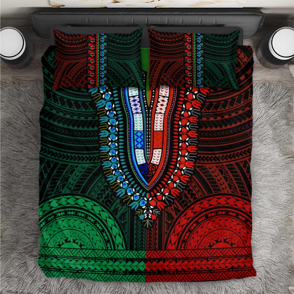 African Dashiki and Polynesian Pattern Bedding Set Half Green-Red