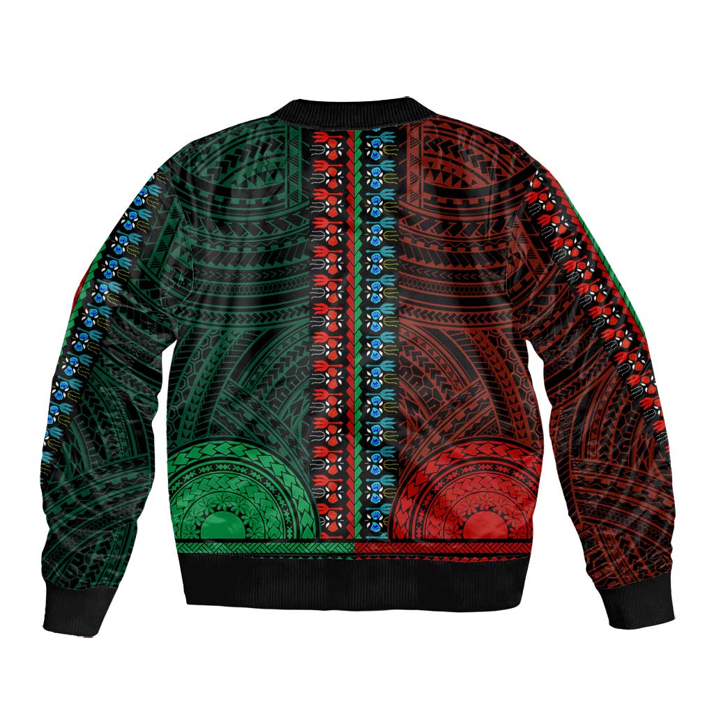 African Dashiki and Polynesian Pattern Bomber Jacket Half Green-Red