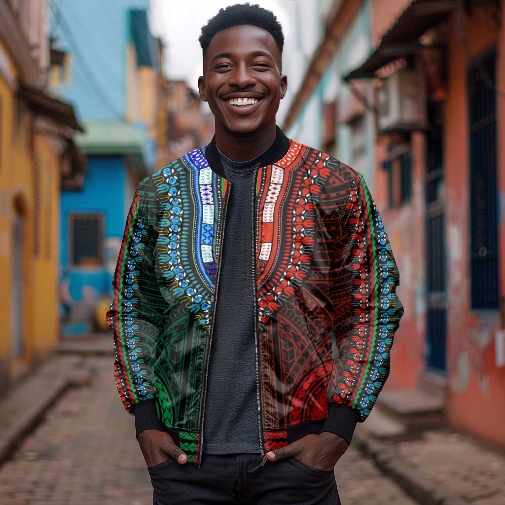 African Dashiki and Polynesian Pattern Bomber Jacket Half Green-Red
