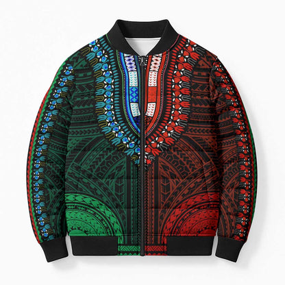 African Dashiki and Polynesian Pattern Bomber Puffer Jacket Half Green-Red