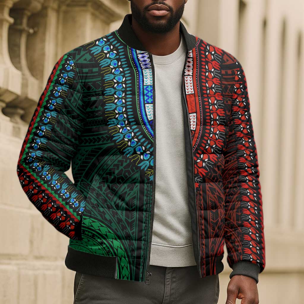 African Dashiki and Polynesian Pattern Bomber Puffer Jacket Half Green-Red