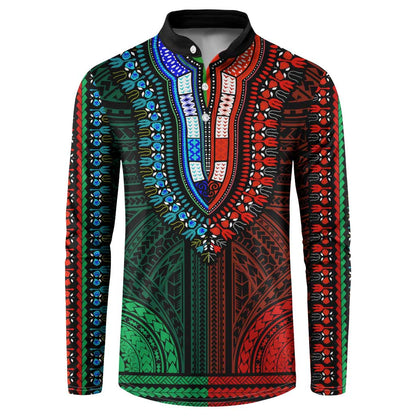 African Dashiki and Polynesian Pattern Button Sweatshirt Half Green-Red