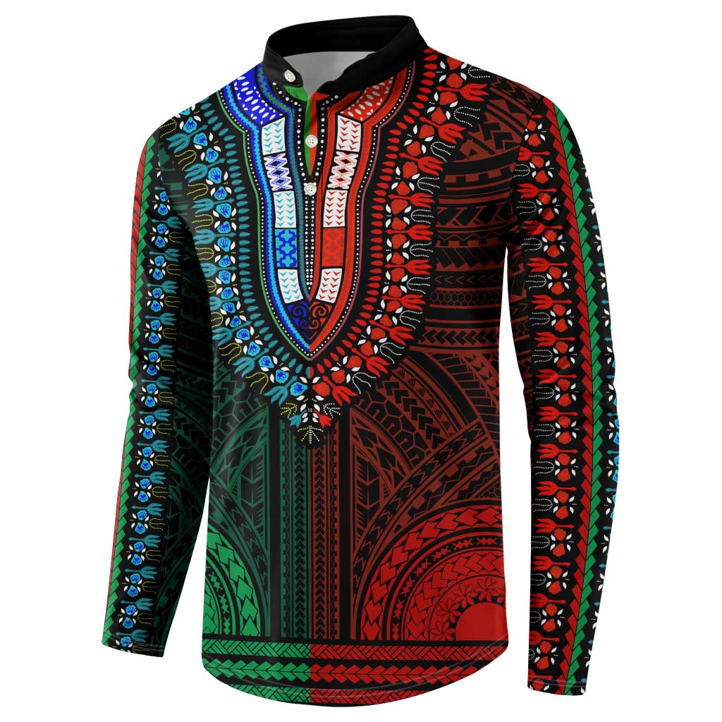 African Dashiki and Polynesian Pattern Button Sweatshirt Half Green-Red