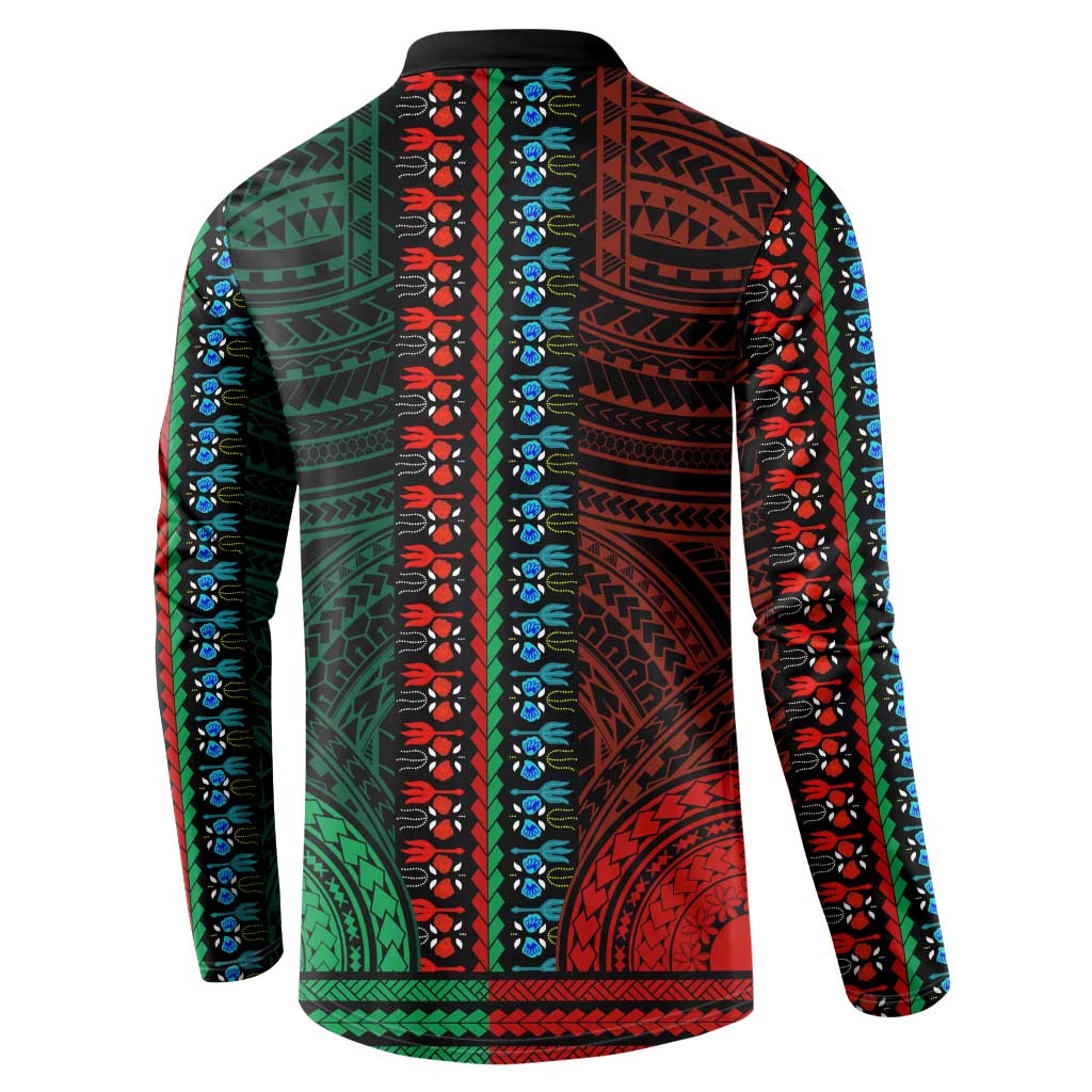 African Dashiki and Polynesian Pattern Button Sweatshirt Half Green-Red