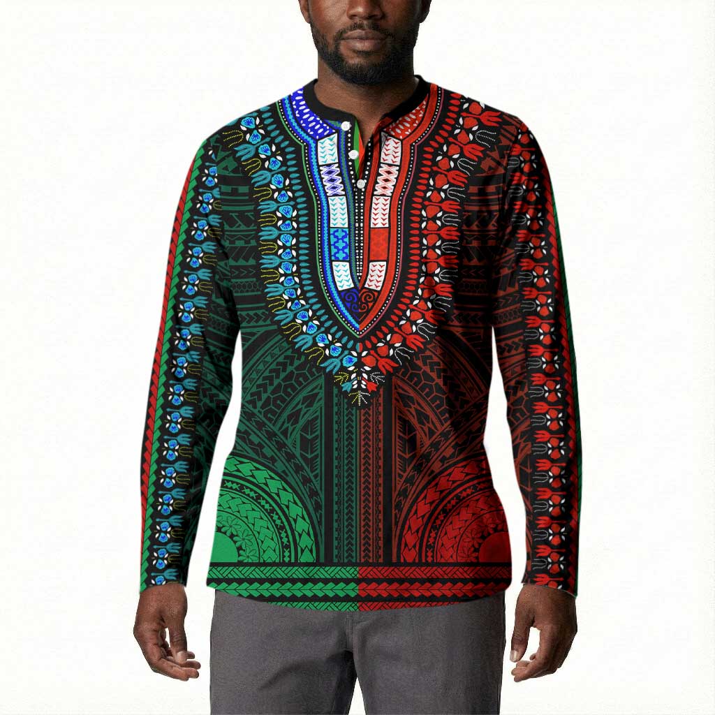 African Dashiki and Polynesian Pattern Button Sweatshirt Half Green-Red