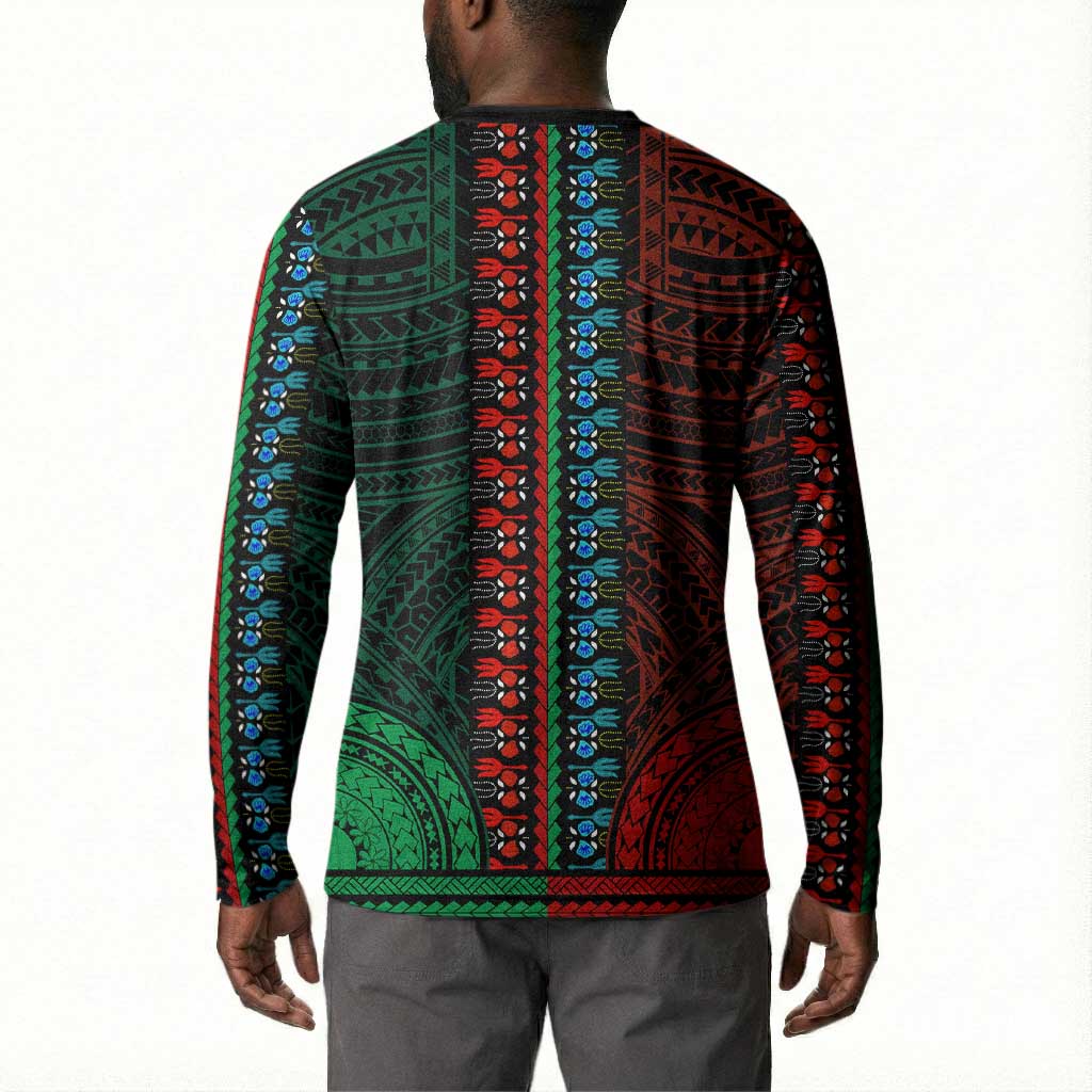 African Dashiki and Polynesian Pattern Button Sweatshirt Half Green-Red