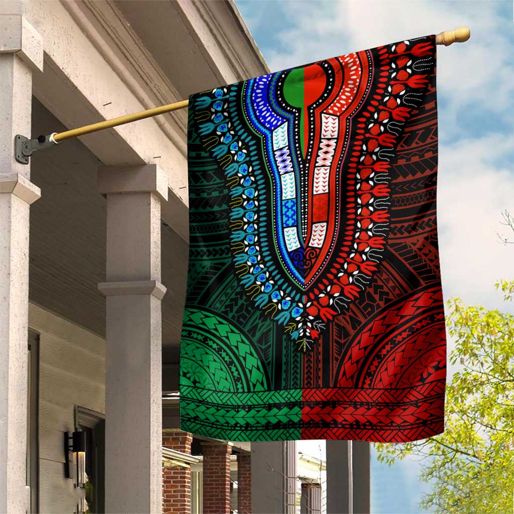 African Dashiki and Polynesian Pattern Garden Flag Half Green-Red