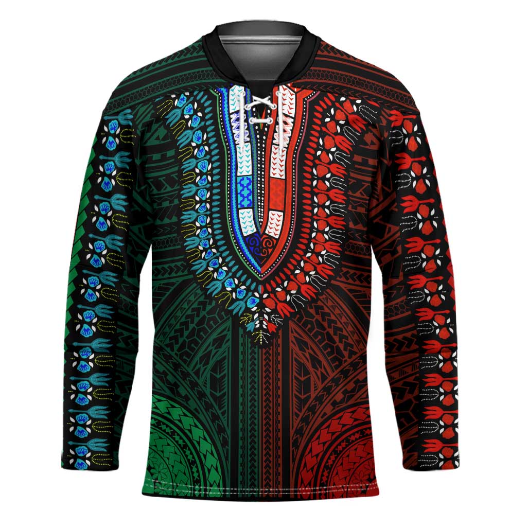 African Dashiki and Polynesian Pattern Hockey Jersey Half Green-Red