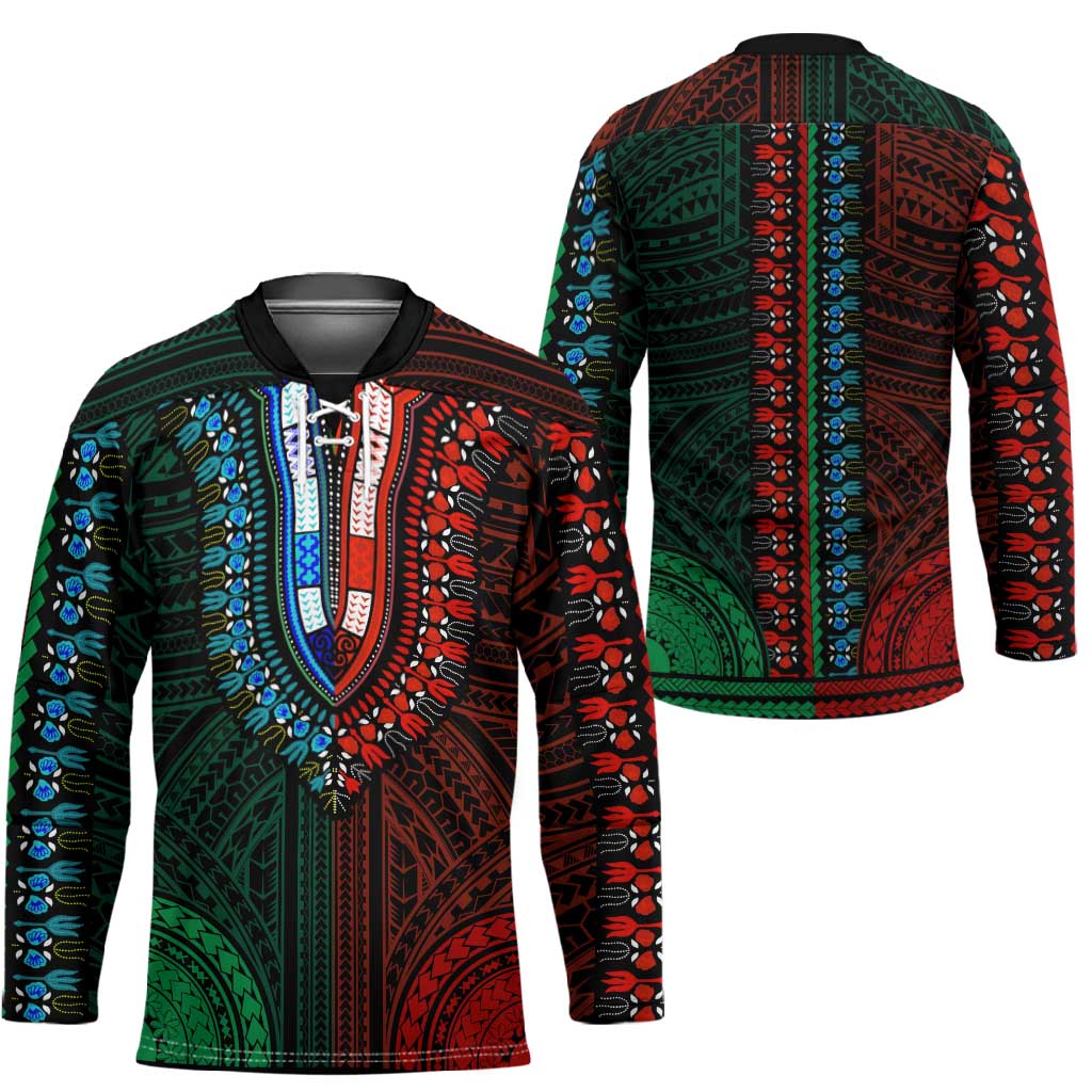 African Dashiki and Polynesian Pattern Hockey Jersey Half Green-Red