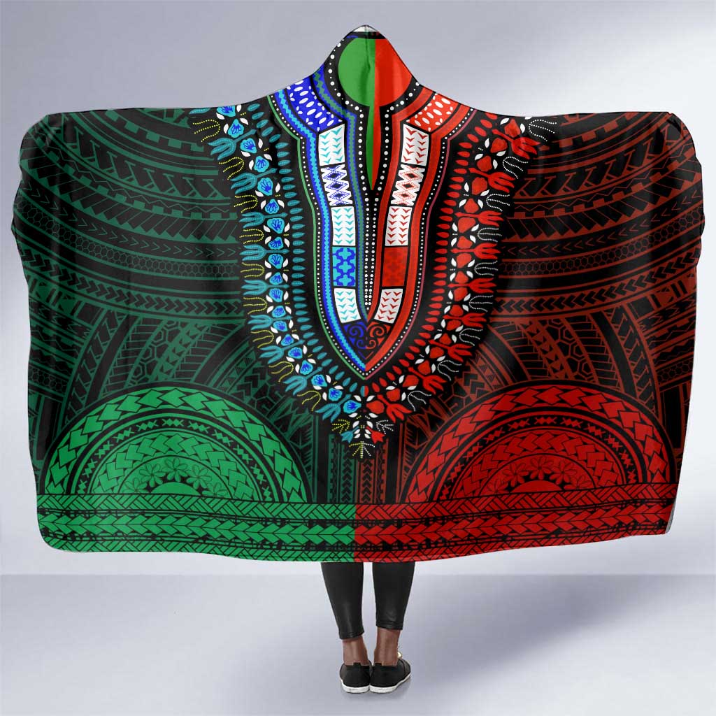 African Dashiki and Polynesian Pattern Hooded Blanket Half Green-Red