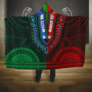 African Dashiki and Polynesian Pattern Hooded Blanket Half Green-Red