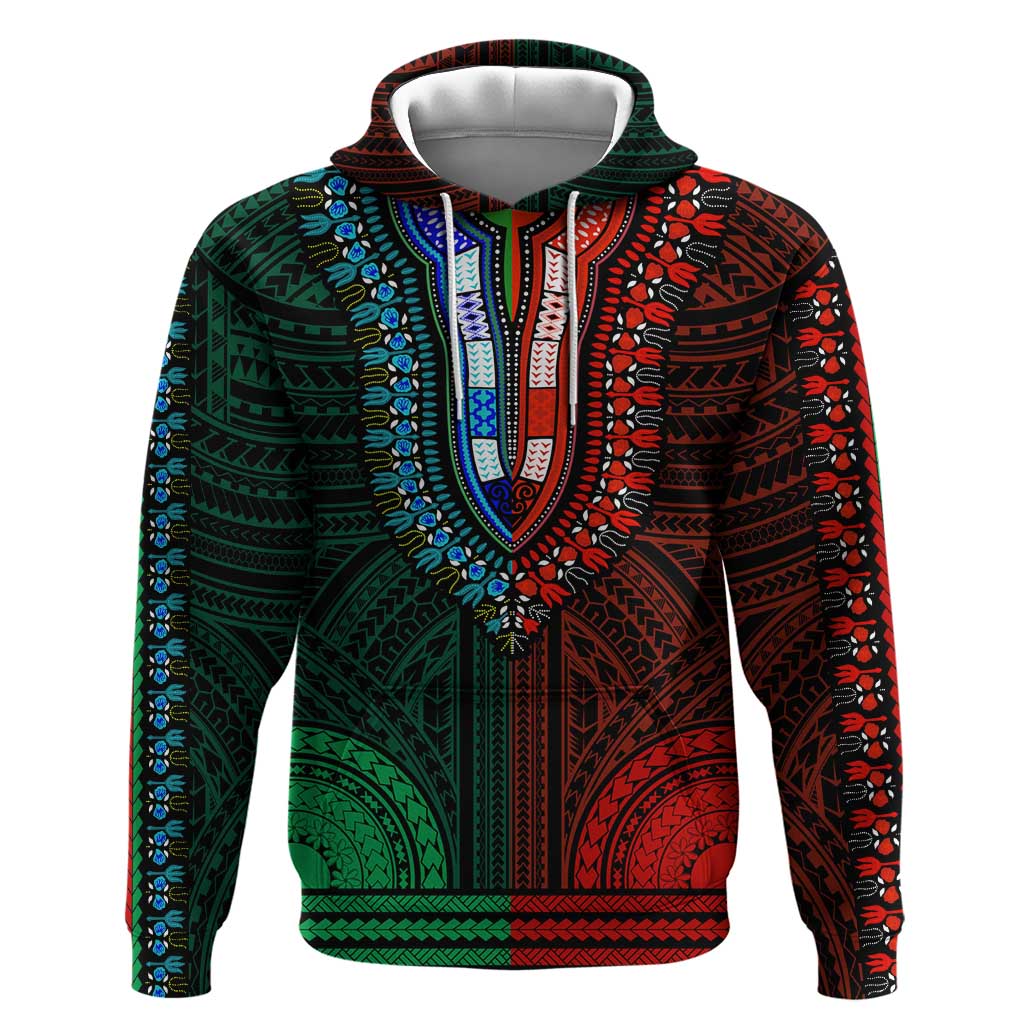 African Dashiki and Polynesian Pattern Hoodie Half Green-Red