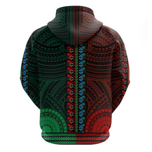 African Dashiki and Polynesian Pattern Hoodie Half Green-Red