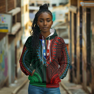 African Dashiki and Polynesian Pattern Hoodie Half Green-Red