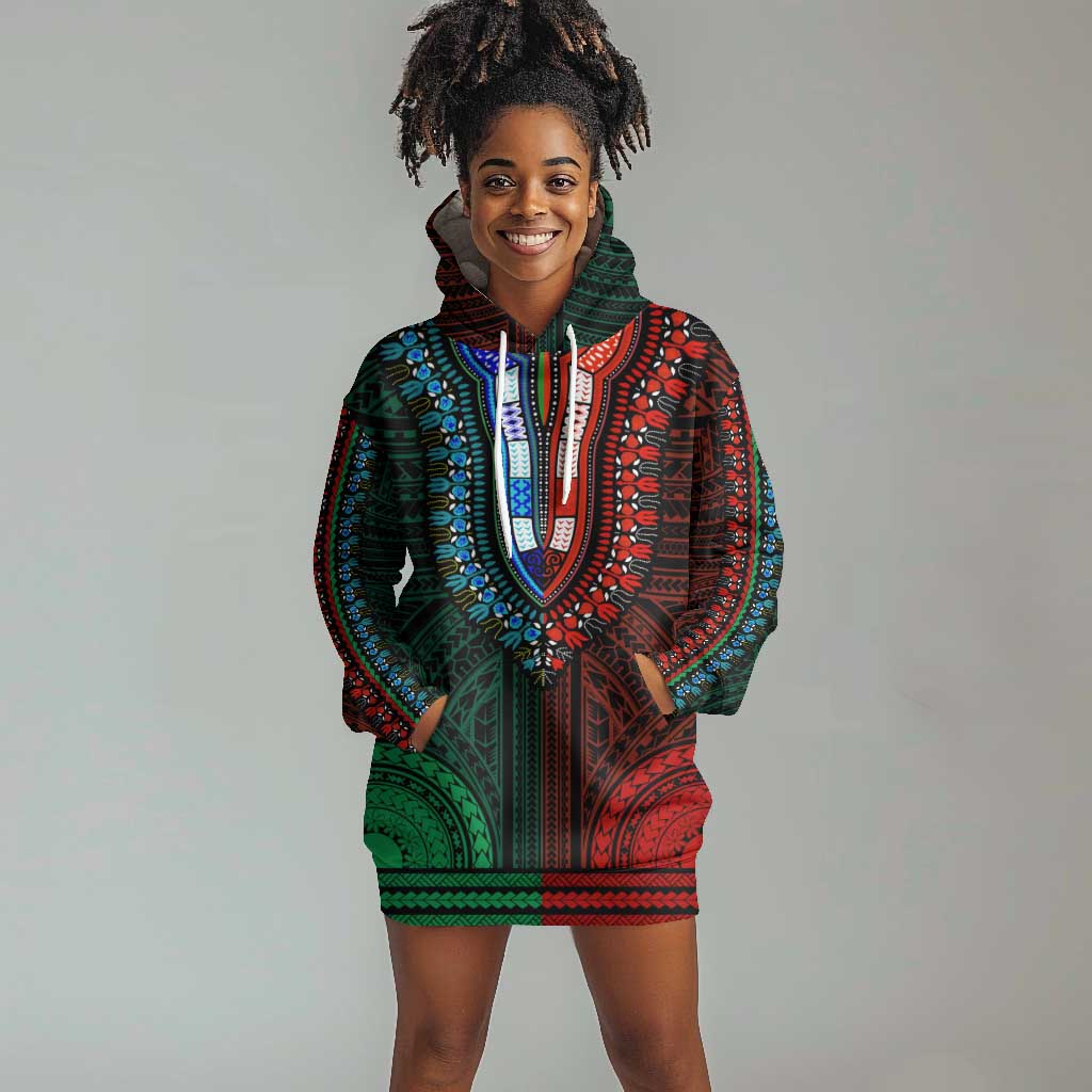 African Dashiki and Polynesian Pattern Hoodie Dress Half Green-Red