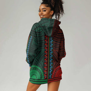 African Dashiki and Polynesian Pattern Hoodie Dress Half Green-Red