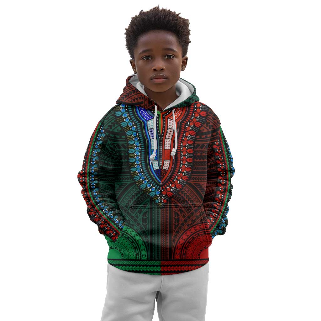 African Dashiki and Polynesian Pattern Kid Hoodie Half Green-Red