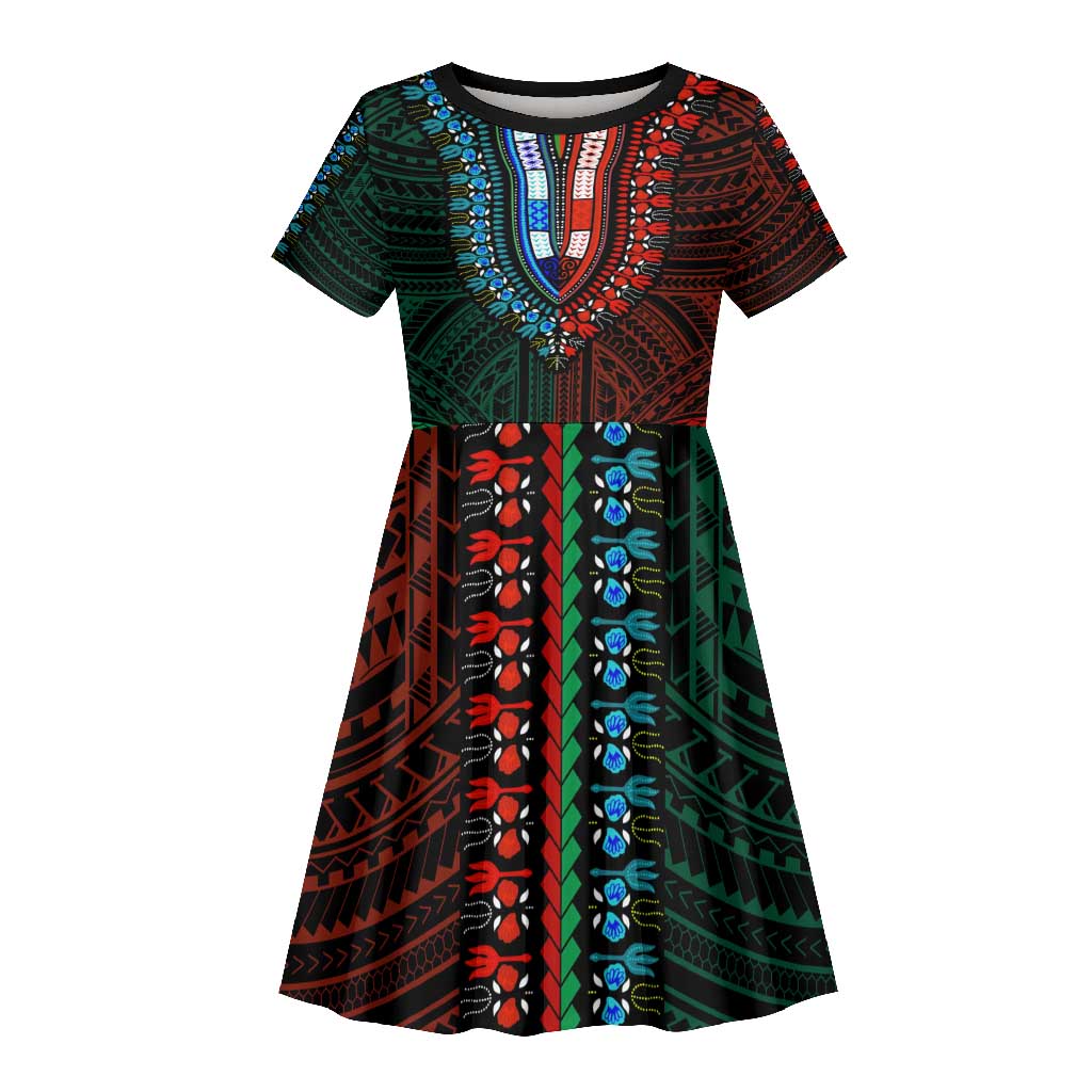 African Dashiki and Polynesian Pattern Kid Short Sleeve Dress Half Green-Red