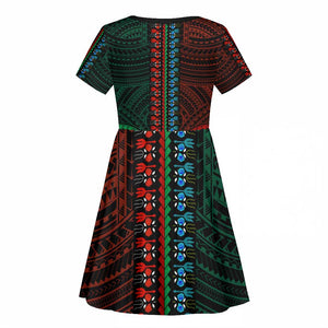 African Dashiki and Polynesian Pattern Kid Short Sleeve Dress Half Green-Red