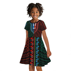 African Dashiki and Polynesian Pattern Kid Short Sleeve Dress Half Green-Red