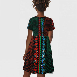 African Dashiki and Polynesian Pattern Kid Short Sleeve Dress Half Green-Red