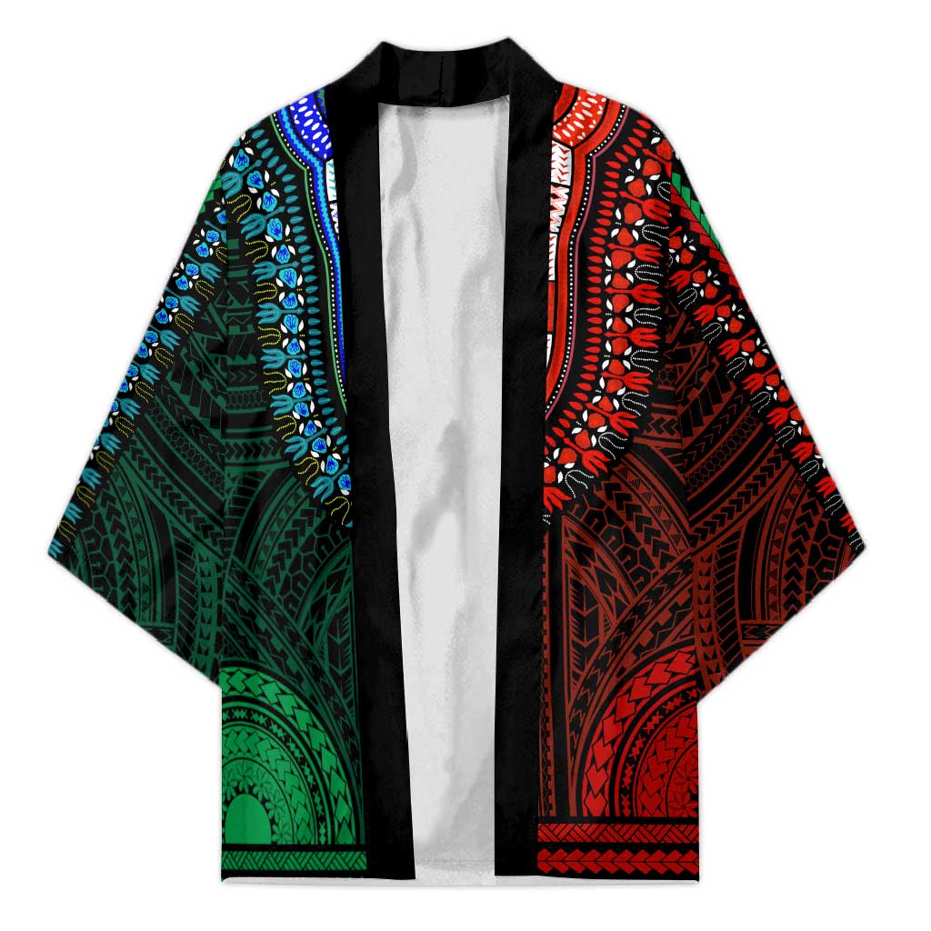 African Dashiki and Polynesian Pattern Kimono Half Green-Red